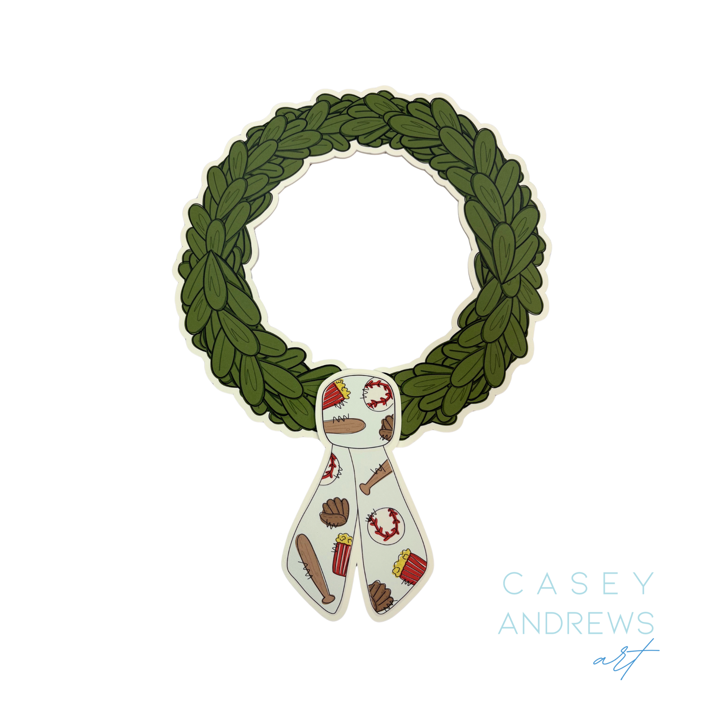 Decorative wreath with a scarf featuring illustrations on a white background, credited to Casey Andrews art.