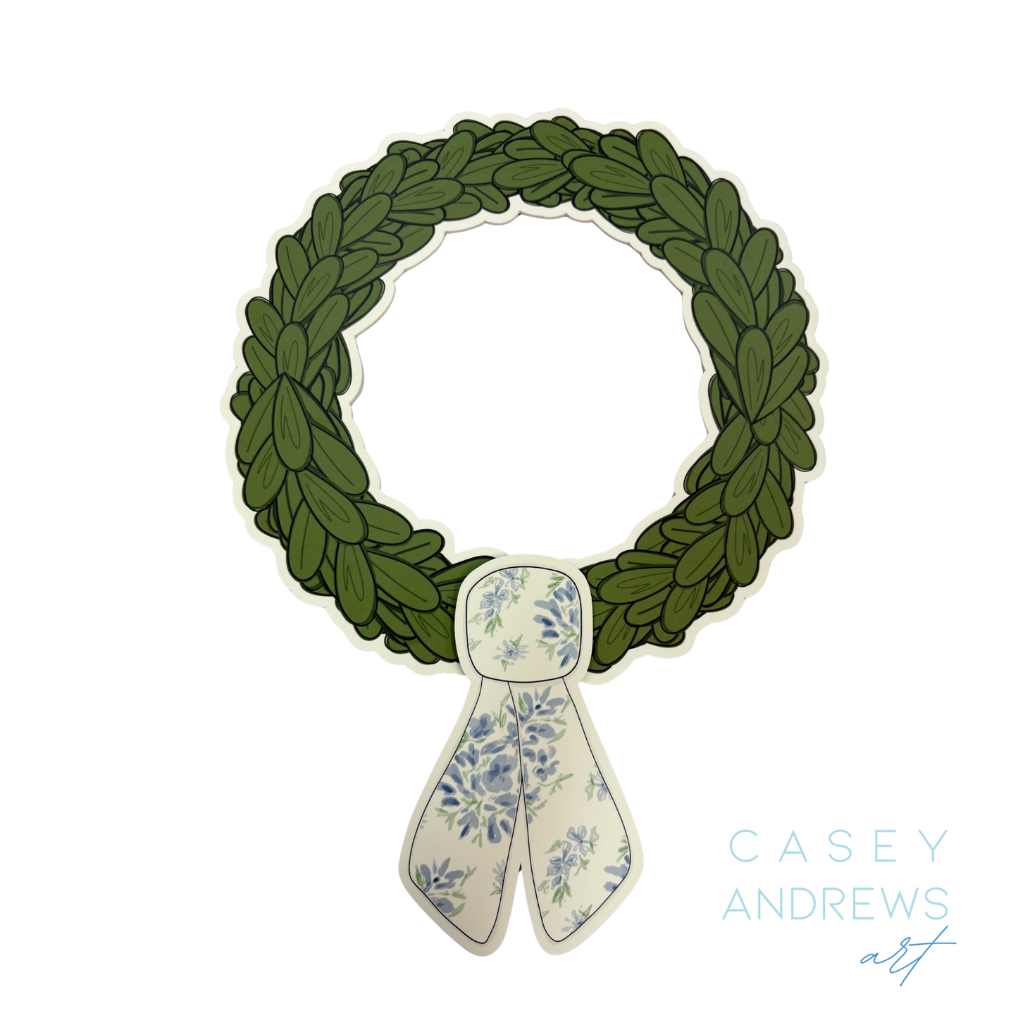 Green wreath with a floral ribbon on a white background, featuring the artist 'Casey Andrews'.