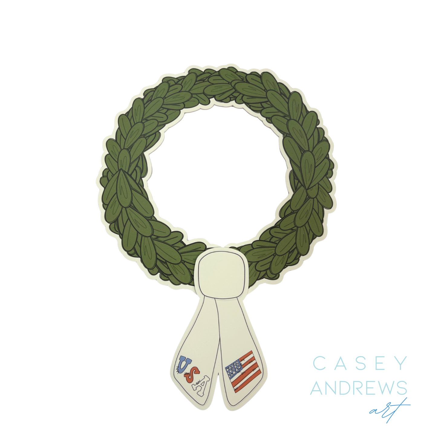 Green wreath with a white ribbon featuring an American flag, on a white background with 'Casey Andrews Art' text.