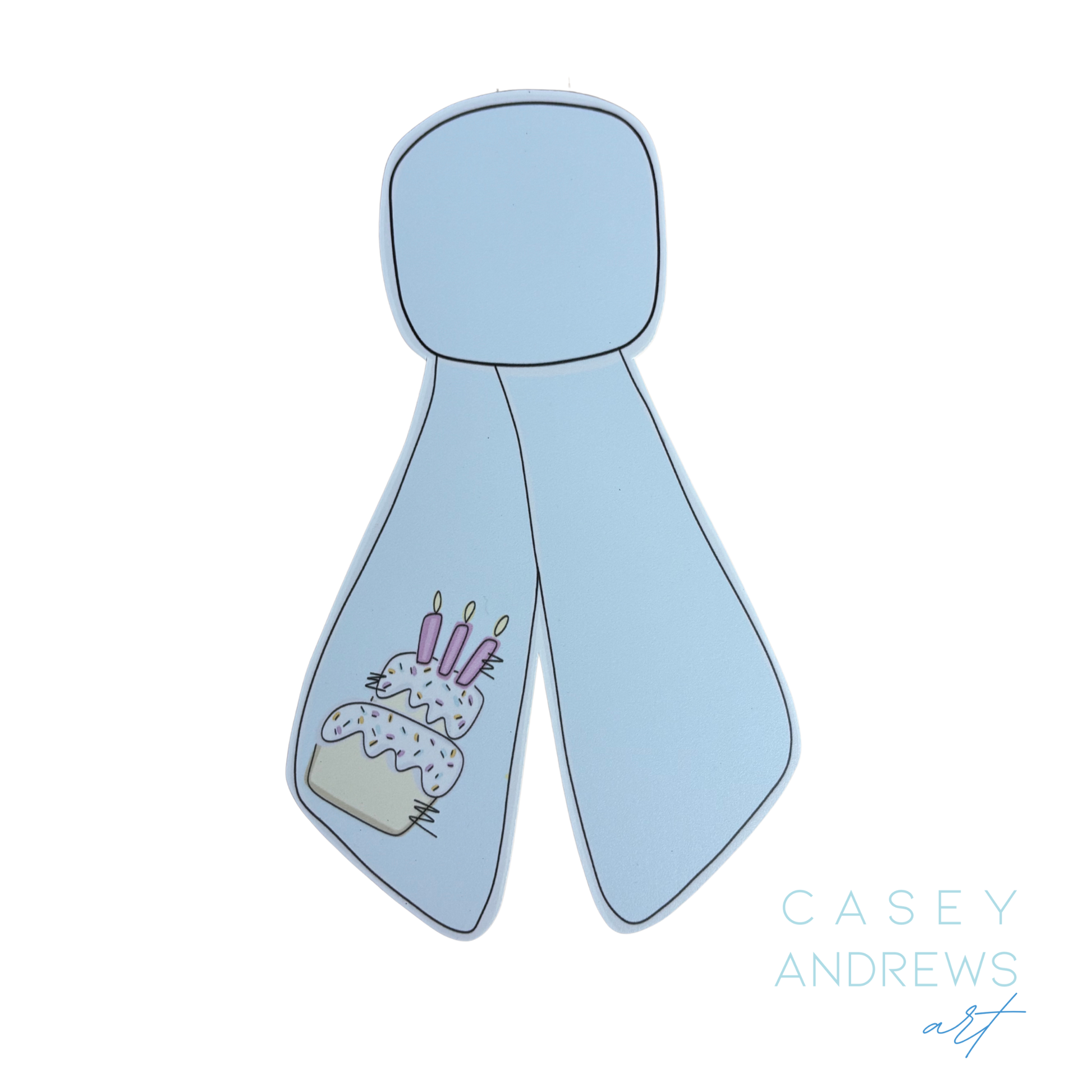 Light blue scarf with a cake and candles design, branded 'Casey Andrews Art'.