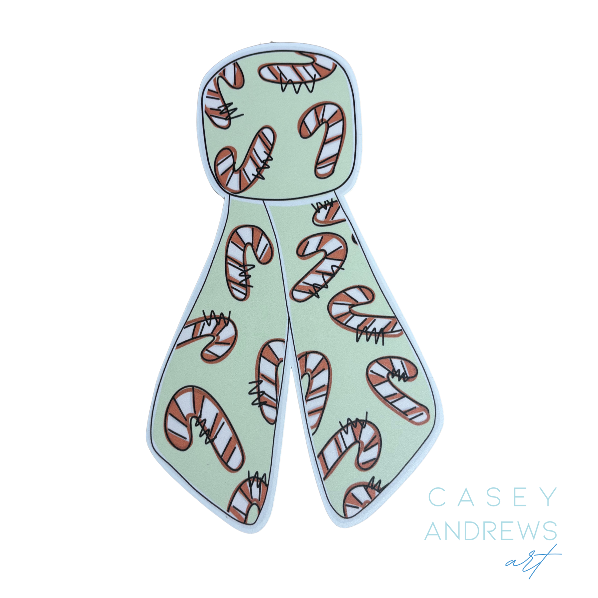 Scarf with candy cane pattern on a light green background, featuring the brand 'Casey Andrews'.