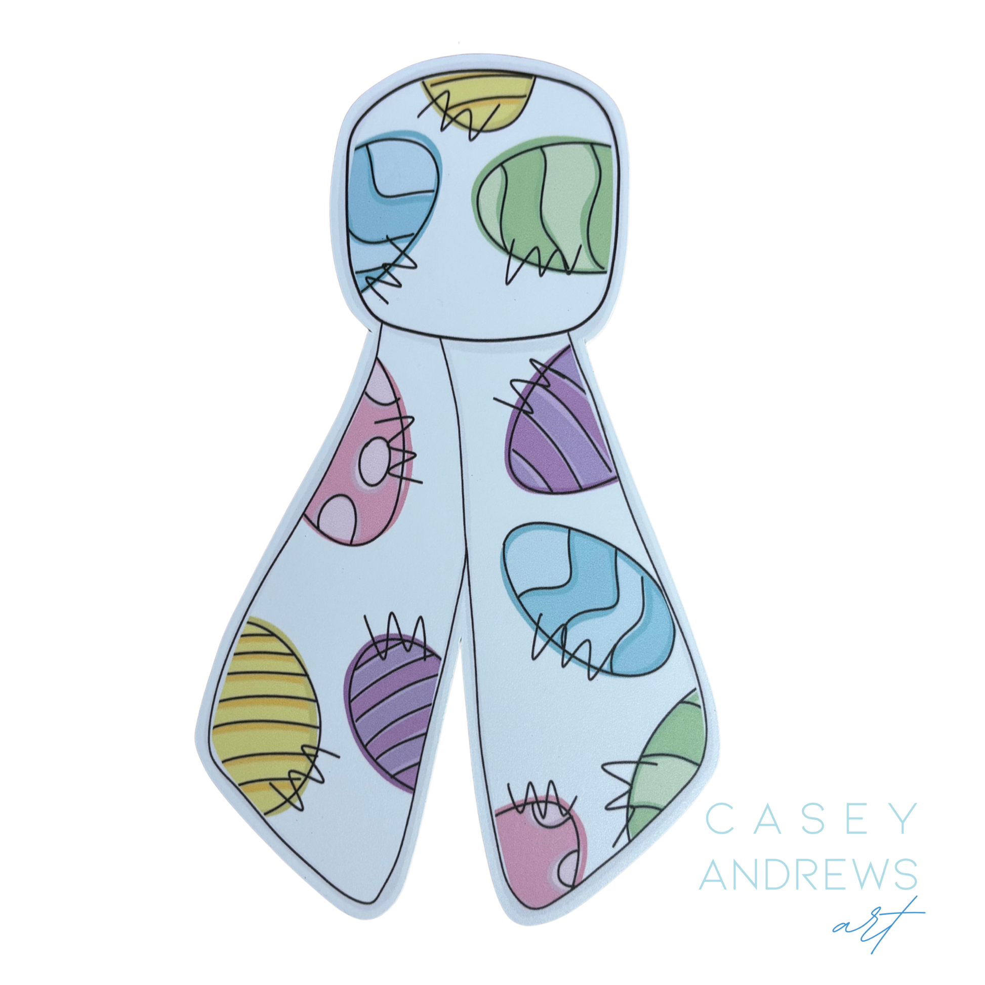 Colorful abstract design with various shapes on a light blue background, featuring the artist's name 'Casey Andrews' at the bottom right corner.