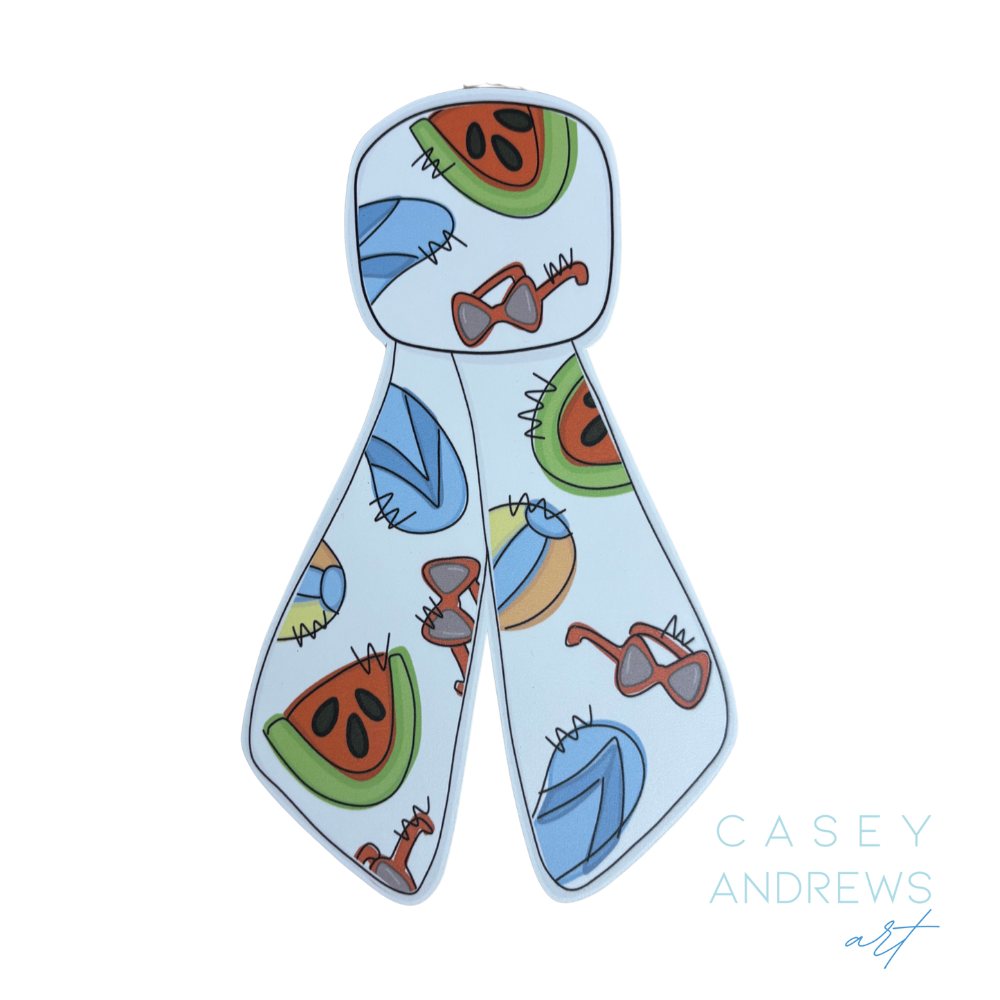 Colorful sunglasses with beach-themed illustrations on a light blue background, featuring the brand 'Casey Andrews'.