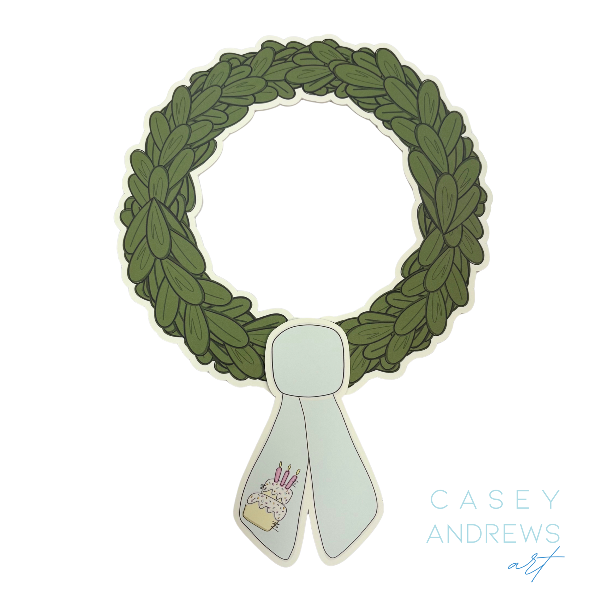 Green wreath with a white ribbon featuring a small illustration, on a white background with 'Casey Andrews Art' text.