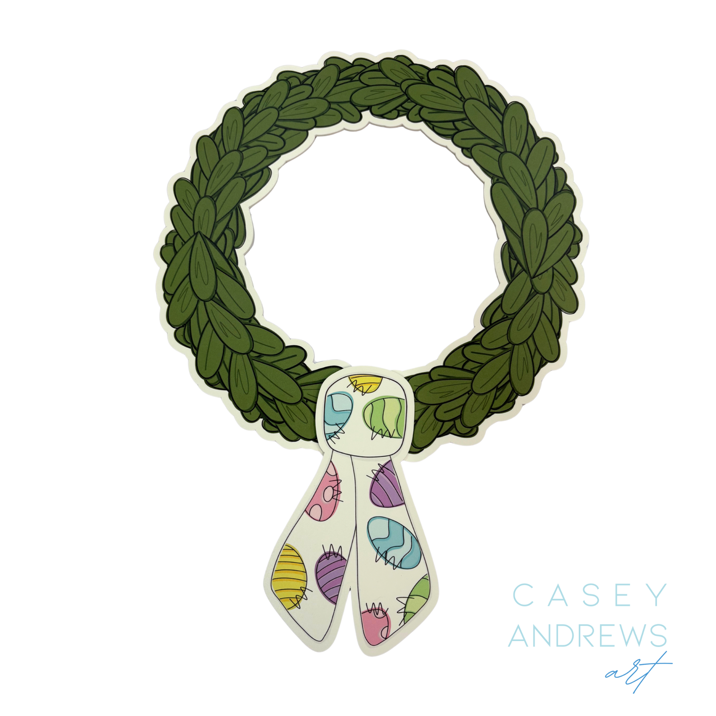 Decorative wreath with a colorful ribbon featuring cartoon characters on a white background, credited to Casey Andrews art.