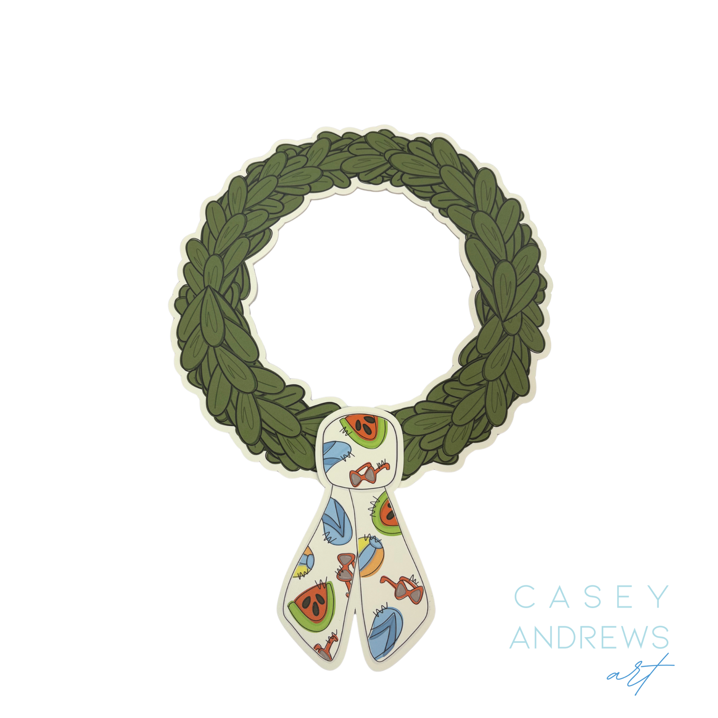 Decorative wreath with a colorful ribbon on a white background, featuring the artist's name 'Casey Andrews'.