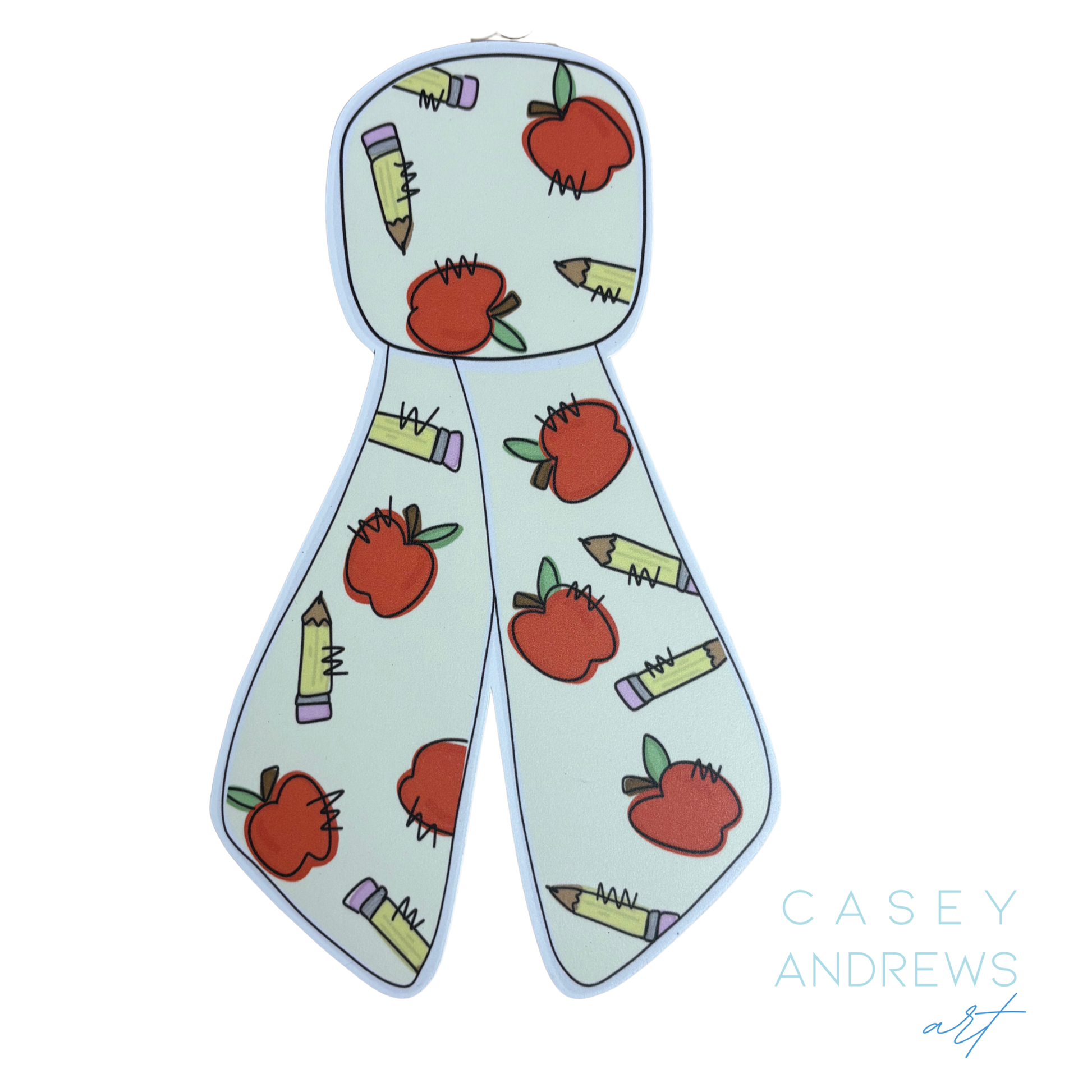 Scarf with apple and crayon pattern on a light blue background, featuring the brand 'Casey Andrews'.