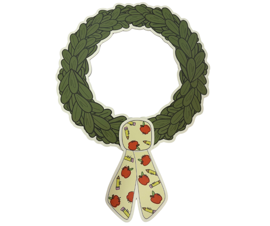 Decorative wreath with a ribbon featuring apples and pencils on a white background