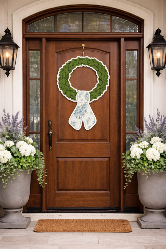 Boxwood Wreath with seasonal sash doorhanger weather proof
