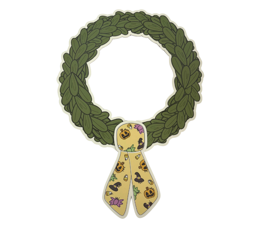 Decorative wreath with a ribbon featuring Halloween-themed designs on a white background