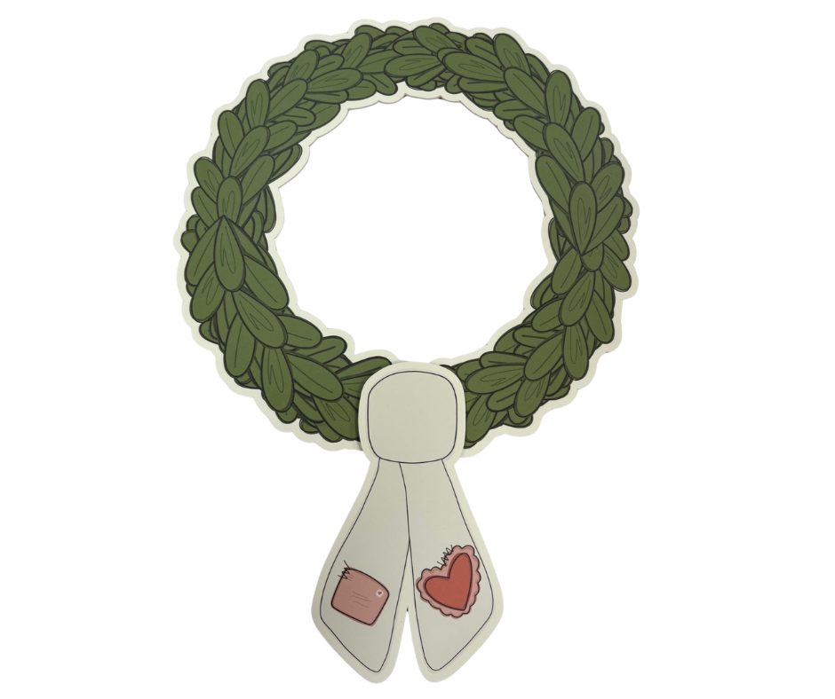 Green wreath with a white ribbon featuring red hearts on a white background