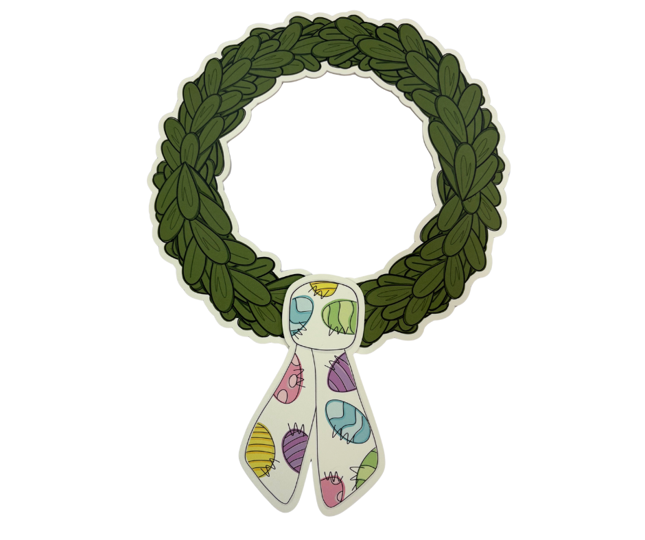 Decorative wreath with a colorful ribbon on a white background